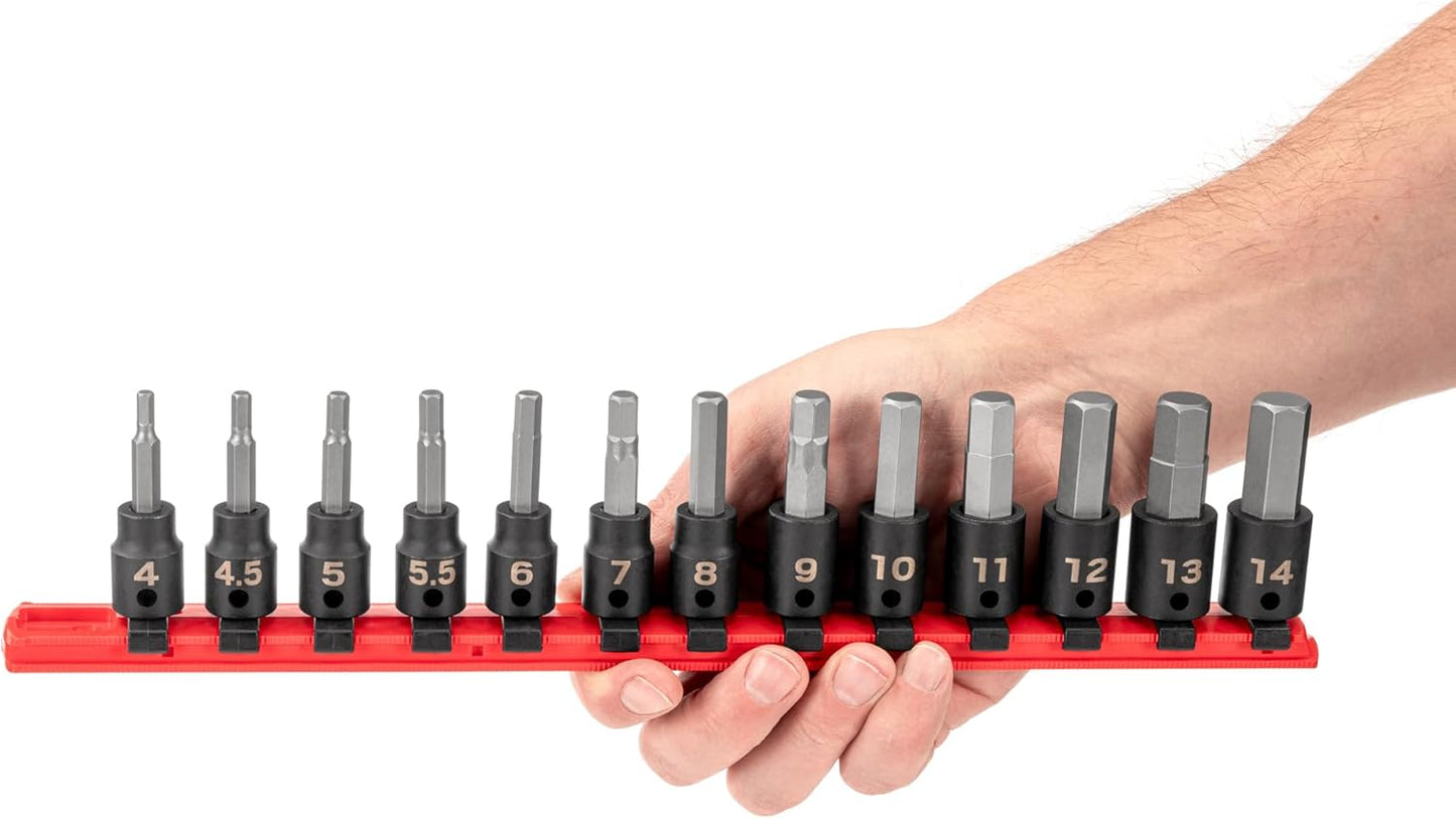 TEKTON 3/8 Inch Drive Hex Impact Bit Socket Set with Rail, 13-Piece (4-14 mm) | SIB91102