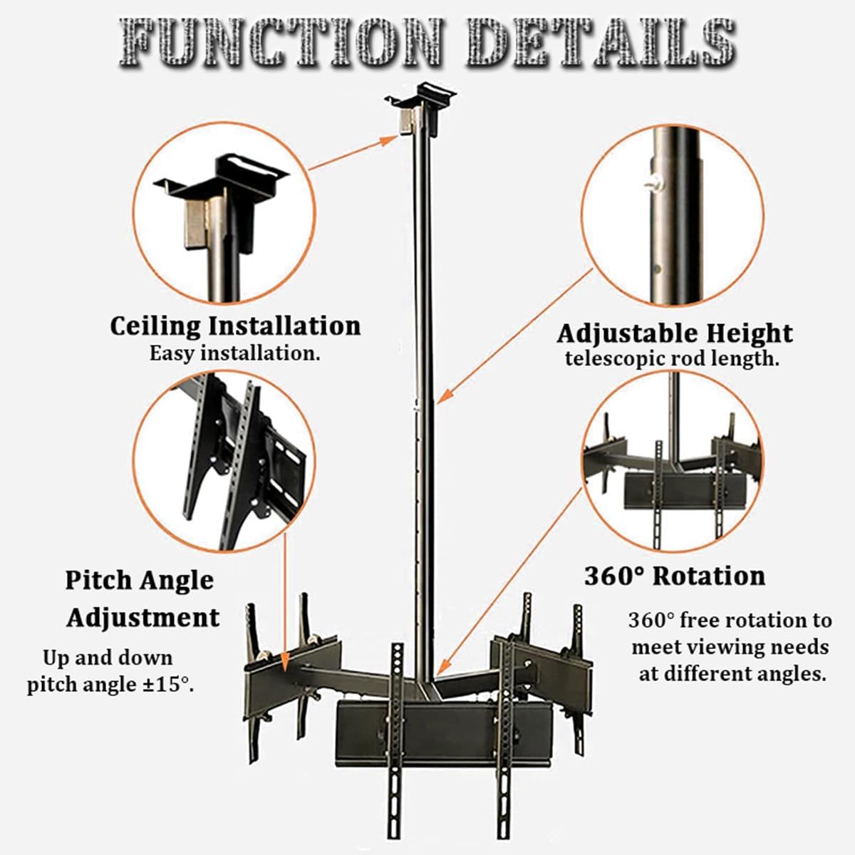 Adjustable Ceiling TV Bracket fits Most 32-75 inch TVs, 3-Sided Ceiling TV Bracket Telescopic Range 1.2-2 Meters, Suitable for Stations, airports, supermarkets