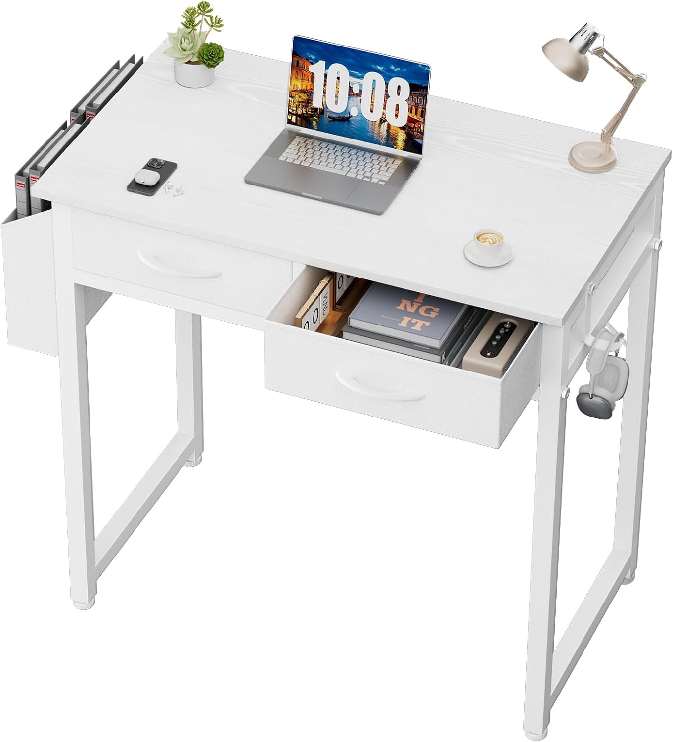 Sweetcrispy Small Desk with Fabric Drawers for Bedroom Home Office, 32 Inch Computer Gaming Desk Writing Study PC Table with Side Bag Headphone Hook Metal Frame Adjustable Feet,Pure White