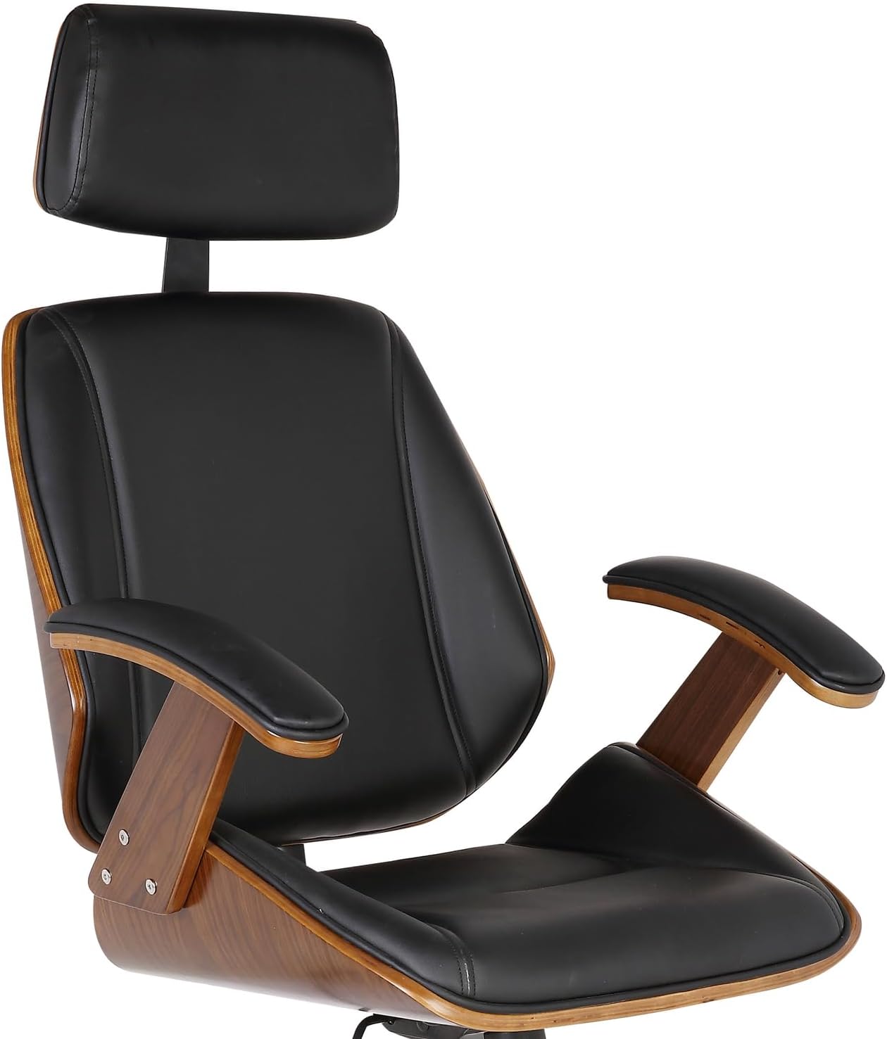 Armen Living Century Office Chair in Black Faux Leather and Walnut Wood, Chrome Finish