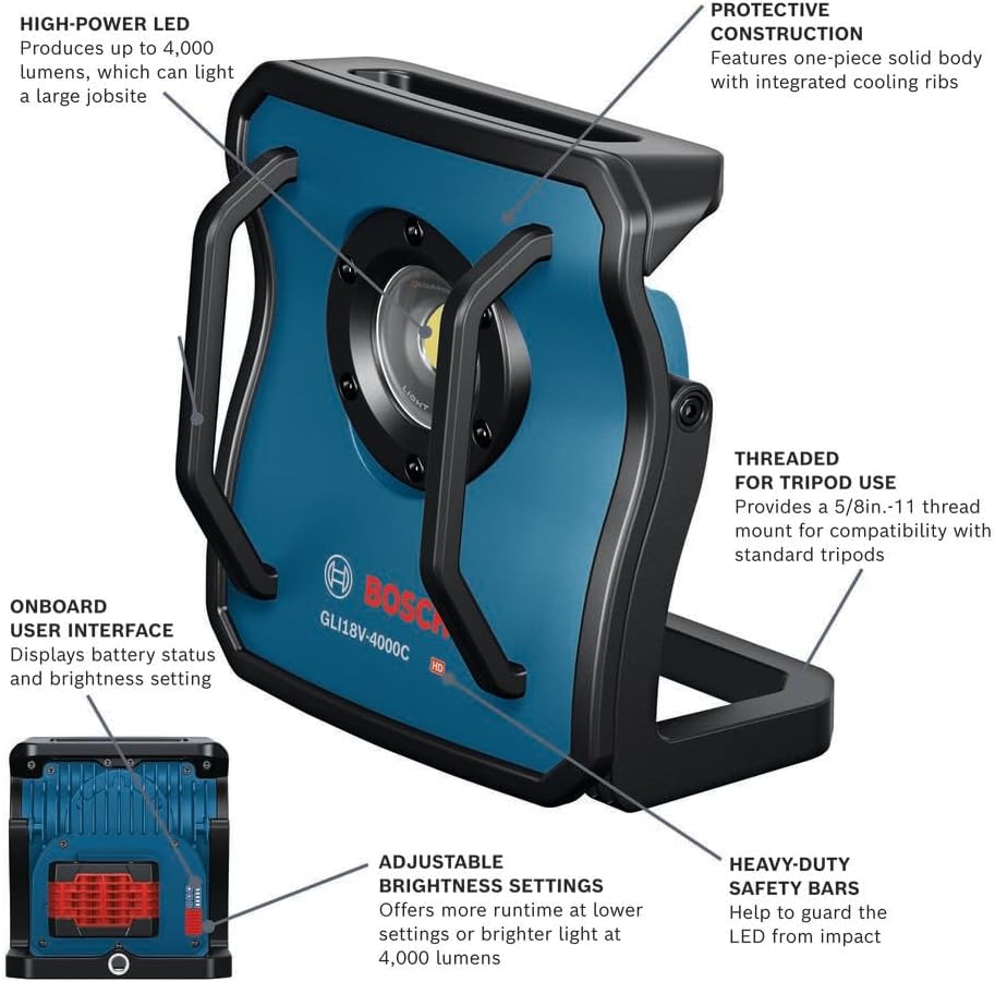 BOSCH GLI18V-4000CN 18V Bluetooth LED Floodlight - 4,000 Lumens, Remote Control, Durable Metal Body, Adjustable Brightness & Long Runtime - Perfect for Job Sites & Outdoors (Bare Tool)