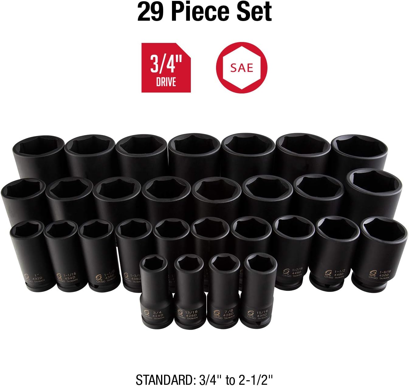 SUNEX TOOLS 4695 3/4-Inch Drive SAE Deep Master Socket Set, 29-Piece