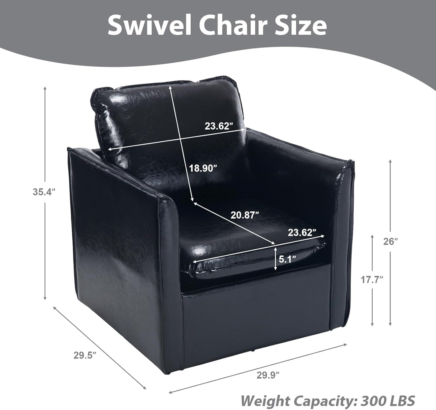 Swivel Accent Chair Set of 2, Leather Upholstered Arm Chair with Back Pillow Mid Century Modern Barrel Chairs for Living Room, Bedroom, Corner, Club (Black)