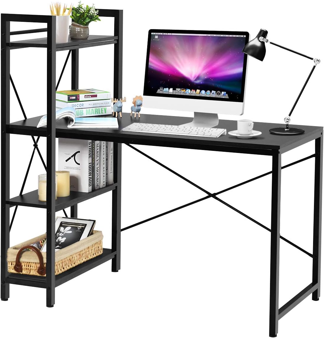 Tangkula Computer Desk with 4 Tier Shelves, Study Writing Table with Storage Bookshelves, Modern Compact Home Office Workstation, 47.5" Tower Desk with Steel Frame & Adjustable Feet Pad, Black