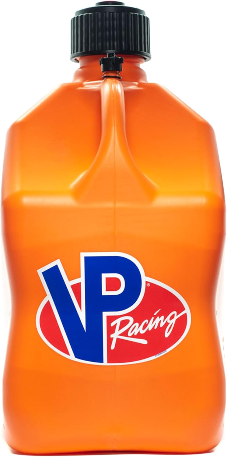 VP Racing Fuels 5 Gallon Square Motorsport Utility Jug Orange w/ 14 Inch Standard Hose. Features Close-Trimmed Cap and Neck for Tight Seal