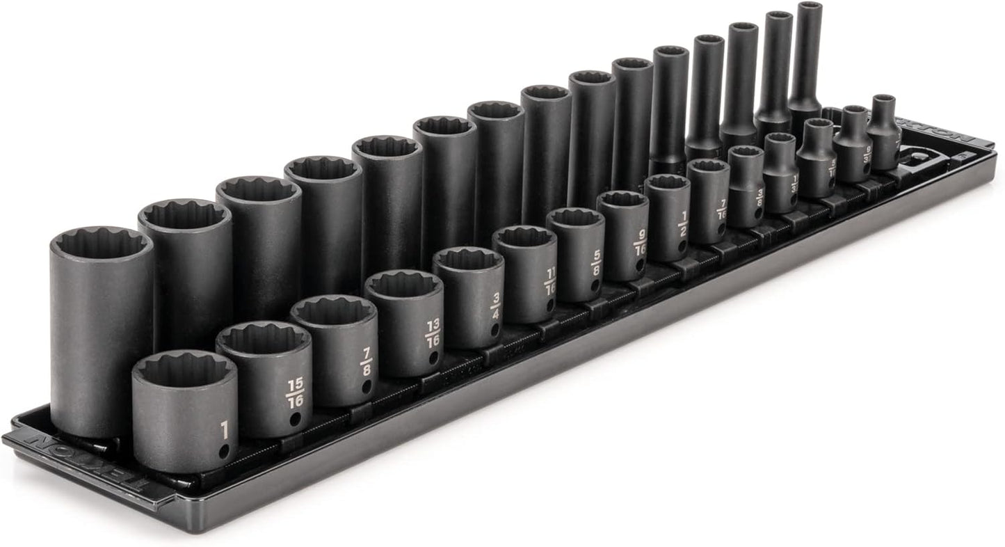 TEKTON 3/8 Inch Drive 12-Point Impact Socket Set with Rails, 68-Piece (1/4-1 in., 6-24 mm) | SID91219
