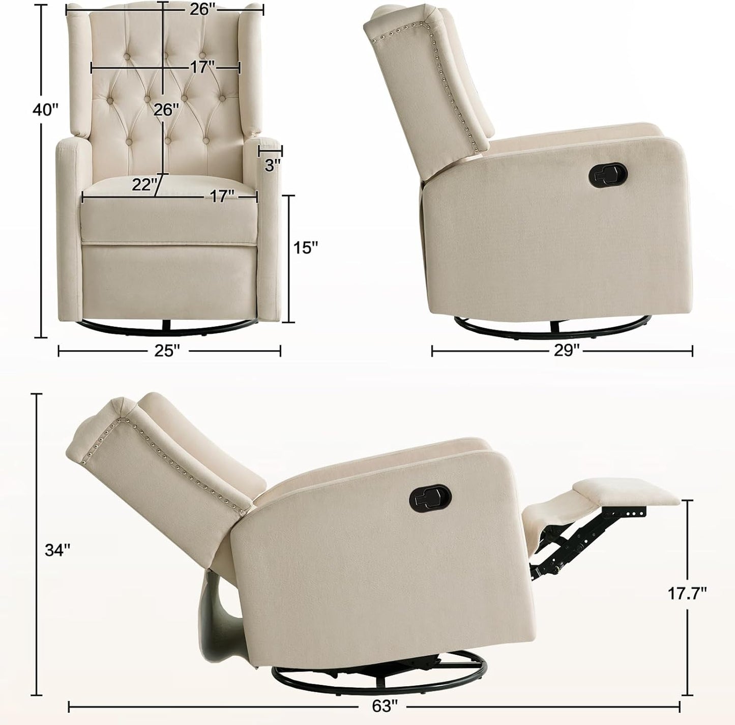 ABAKAN Swivel Rocker Recliner Chair, 360 Degree Nursery Rocking Recliner, Linen Glider Chair with Button Tufted Wingback Chair, for Living Room, Bedroom,Ash Beige