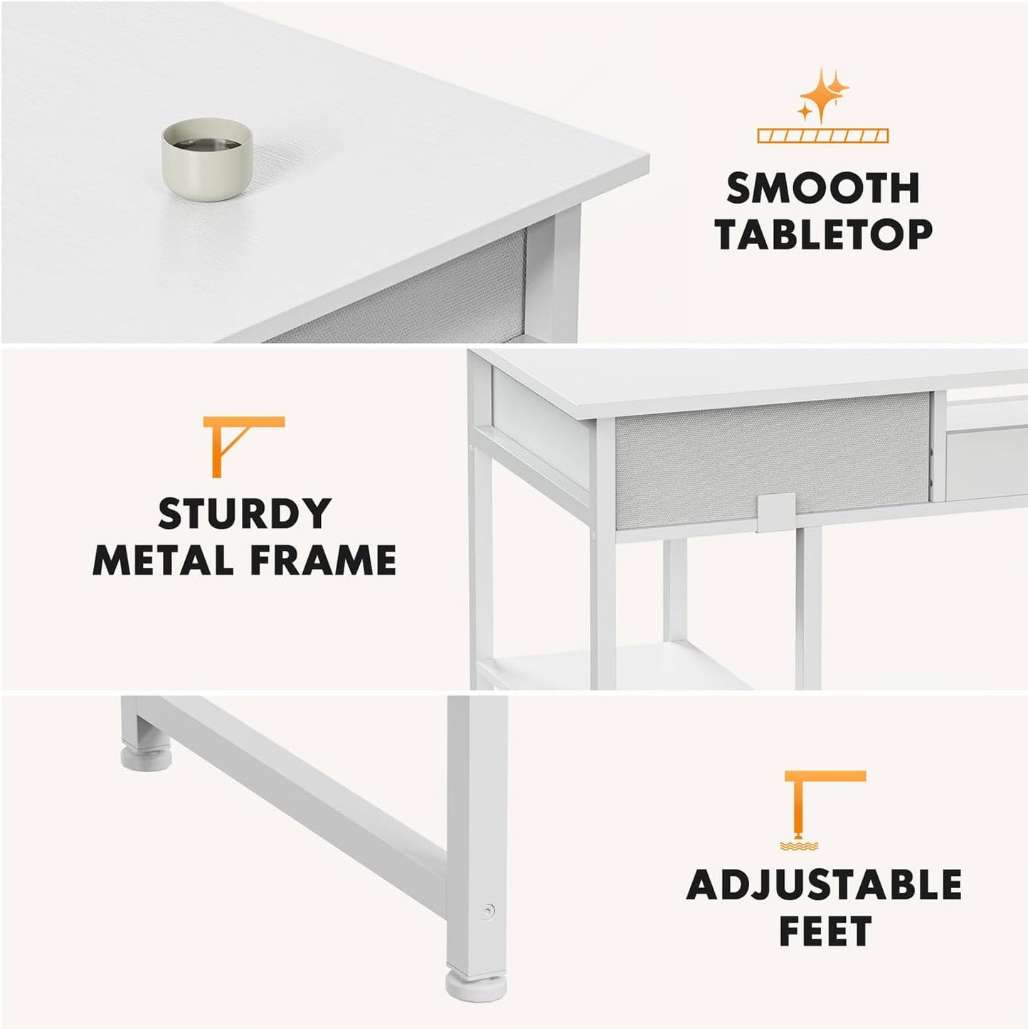 47 Inch Computer Desk with 2 Drawers, Home Office Desk with Wooden Shelves, Study Writing PC Table for Small Spaces, Bedroom, Dorm or Living Room, White