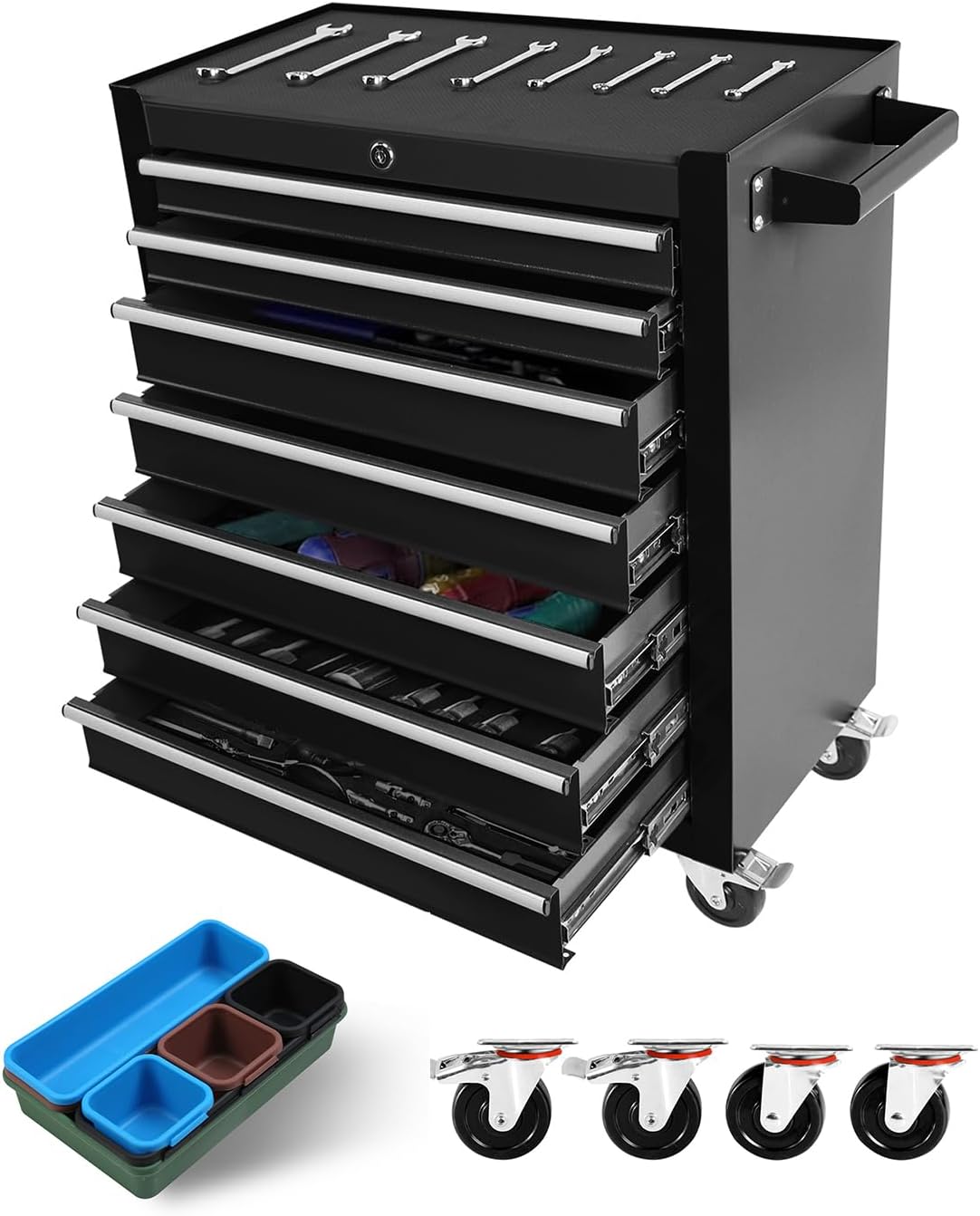 2 in 1 Tool Chest with 8 Drawers, Tool Cart with 7 Organizer Tray Divider Set & Wheels, Large Rolling Tool Box Organizer for Garage, Workshop, Home Crafts