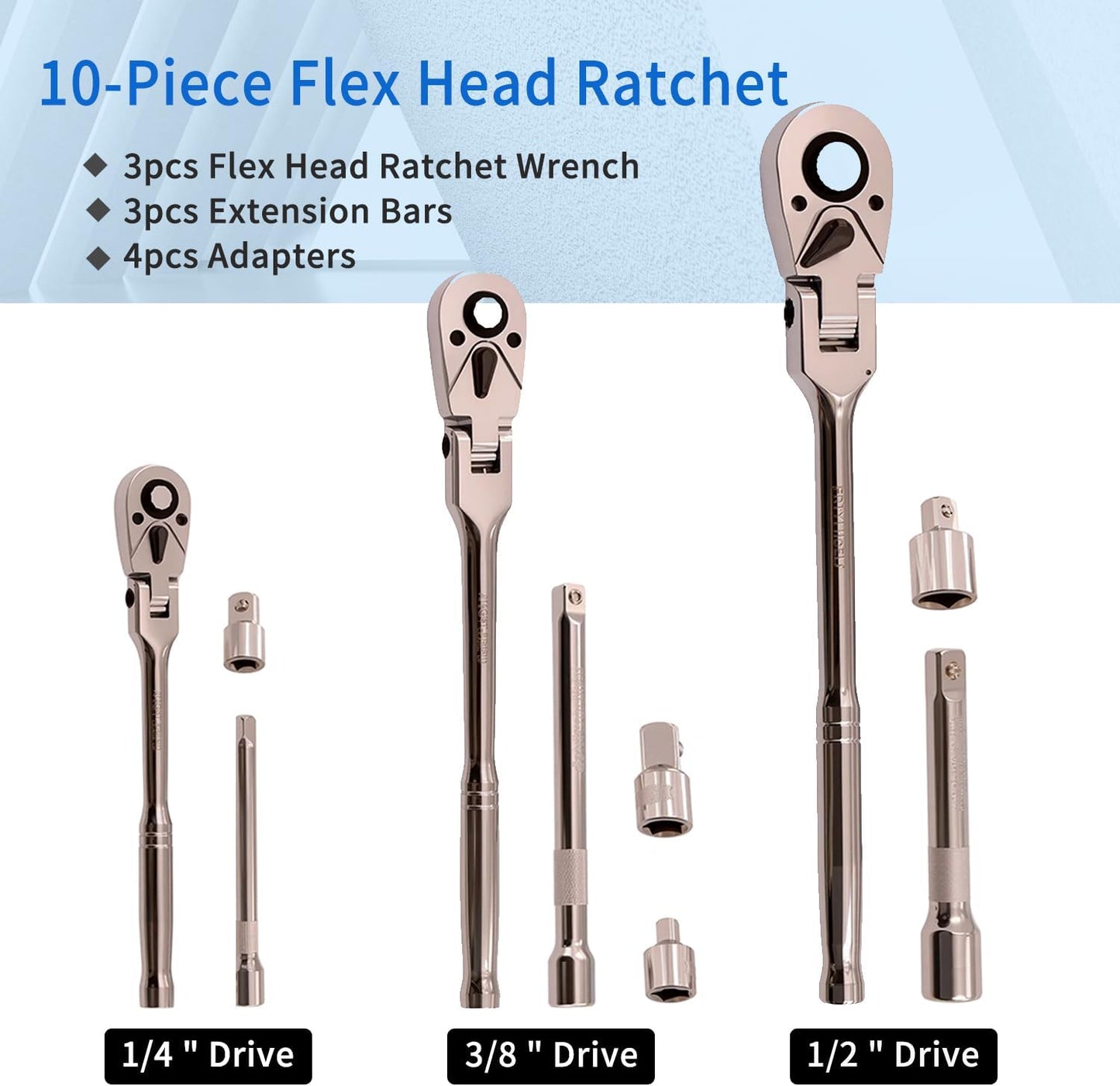 10 Piece Flex Head Ratchet Set, 1/4", 3/8" and 1/2" Drive Swivel Head Ratchet Wrench with Extension Bar and 4pc Adapter, 72-Tooth Flexible Wrench Handle with Quick-Release Reversible Design