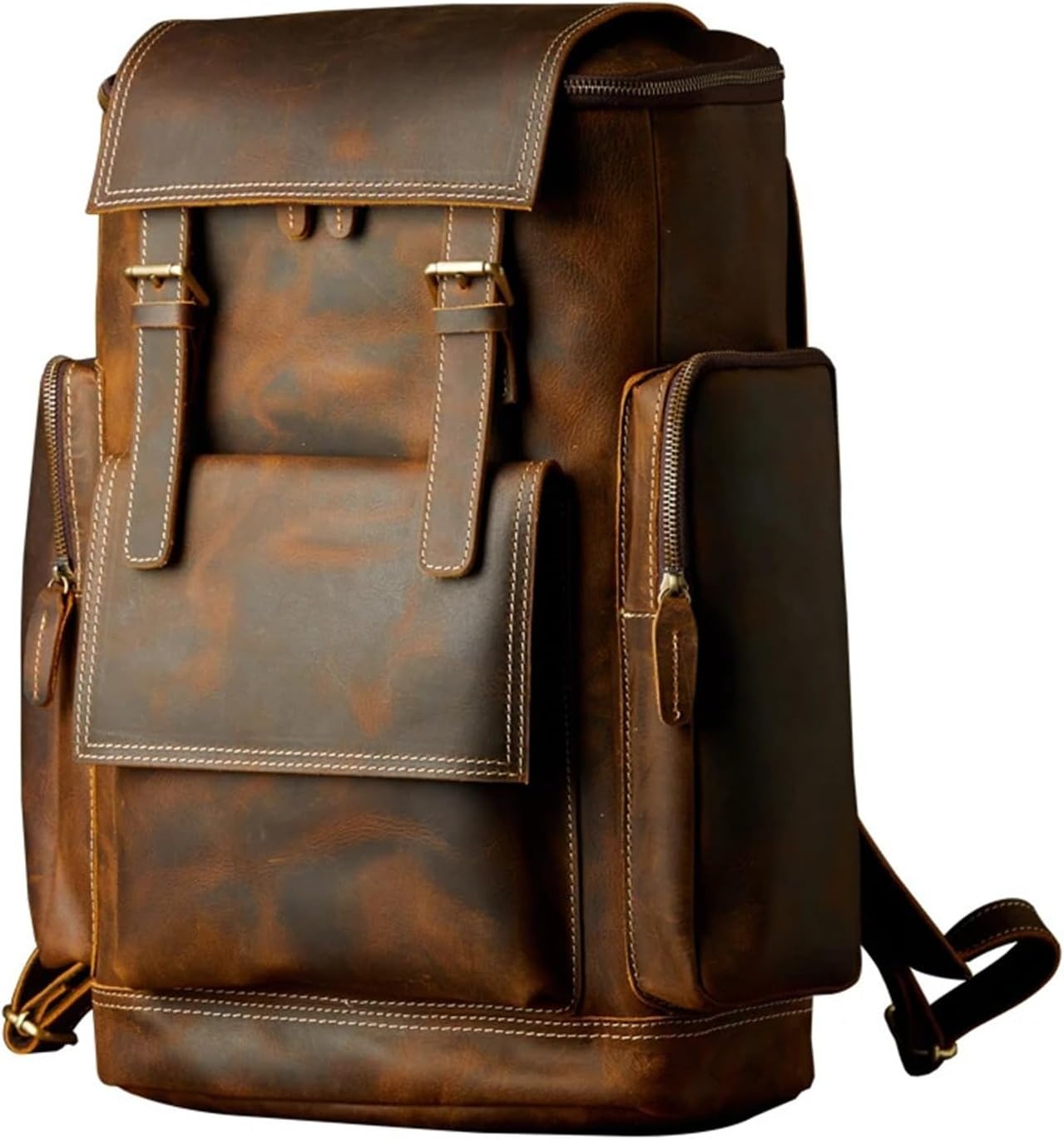 Vintage Genuine Leather Backpack for Men Handmade Shoulder Bag Cowhide Travel Bag Large Capacity Mens Retro Laptop Bag(Brown)