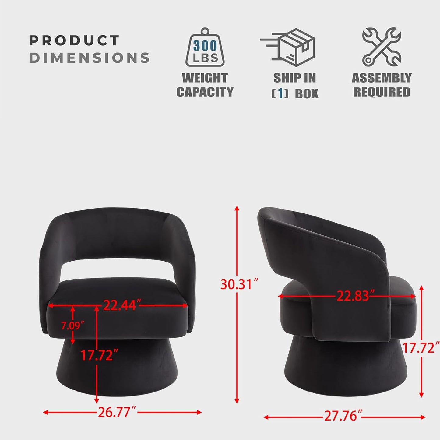 Swivel Accent Chair Set of 2, 360 Degree Rotating Barrel Accent Chair Velvet Upholstered Living Room Chair with Ergonomic Open Backrest Mid Century Modern Single Sofa for Bedroom (Black)