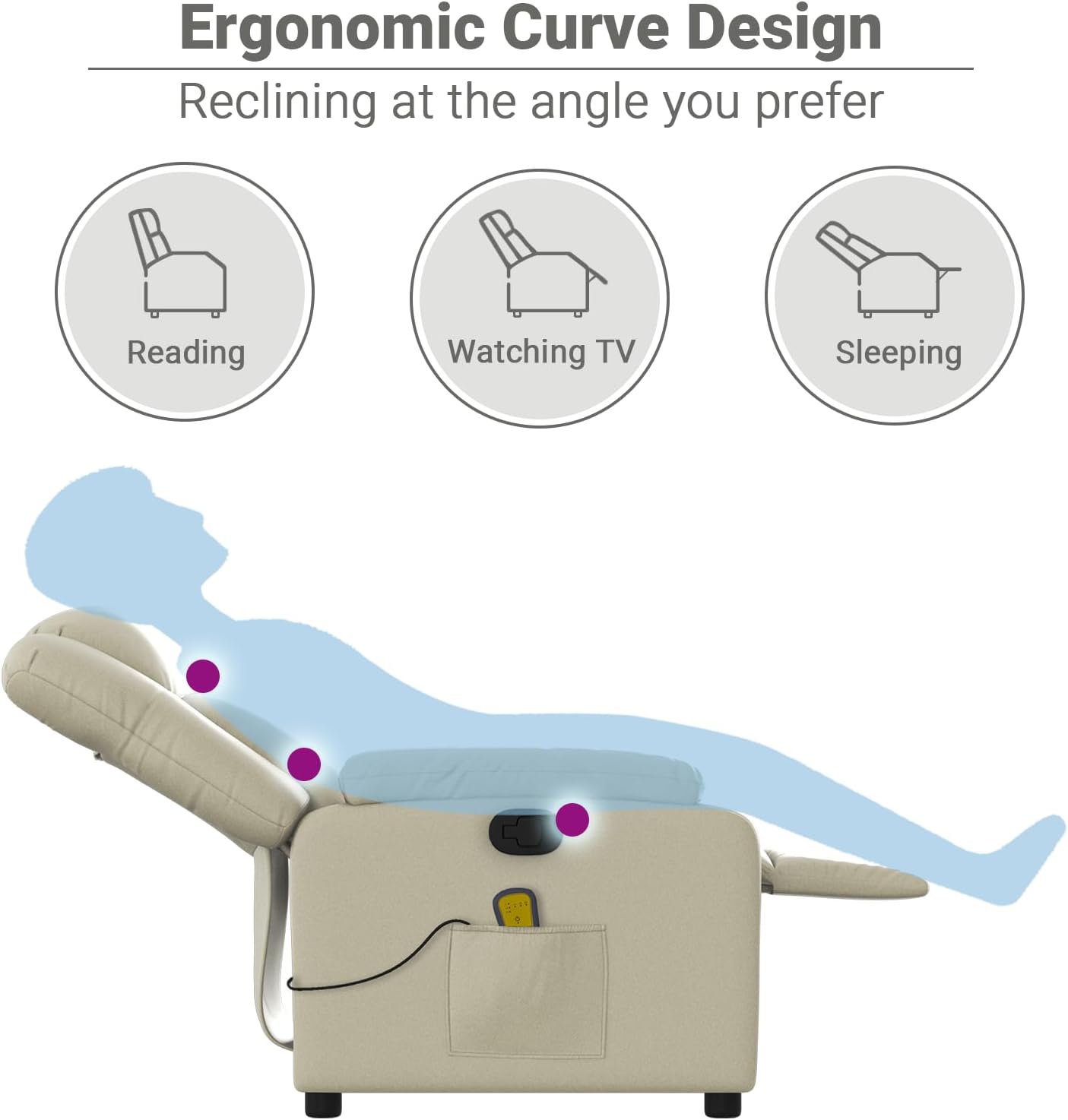 vidaXL Massage Recliner Chair for Living Room, Adjustable Recliner with 6-Point Vibration Massage, Home Theater Seating with Padded Seat Backrest & Side Pocket, Cream Leather