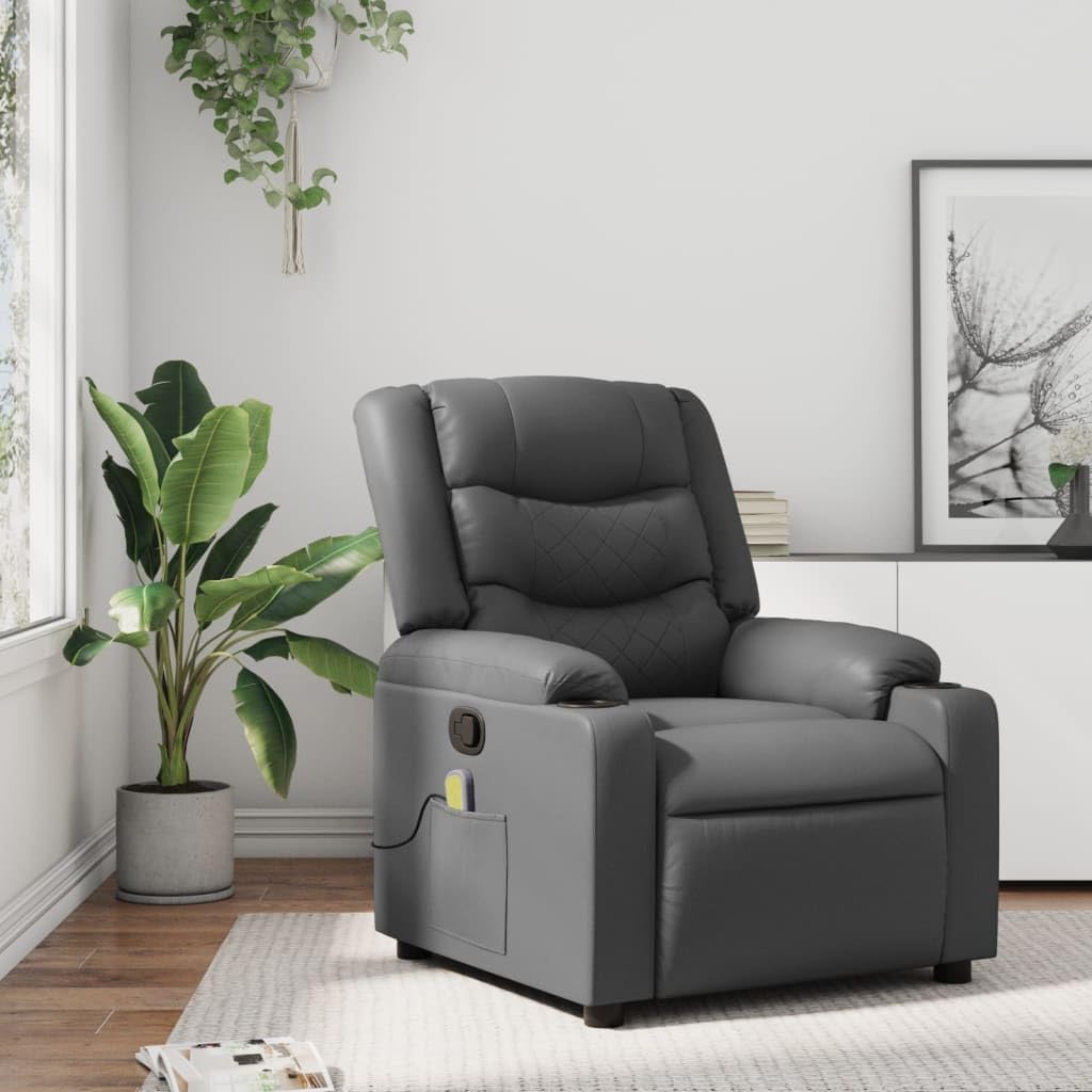 vidaXL Ergonomic Massage Recliner Chair-Adjustable Faux Leather Armchair w/Vibration, Manual Recline, Cup Holders for Living Room/Lounge-Gray