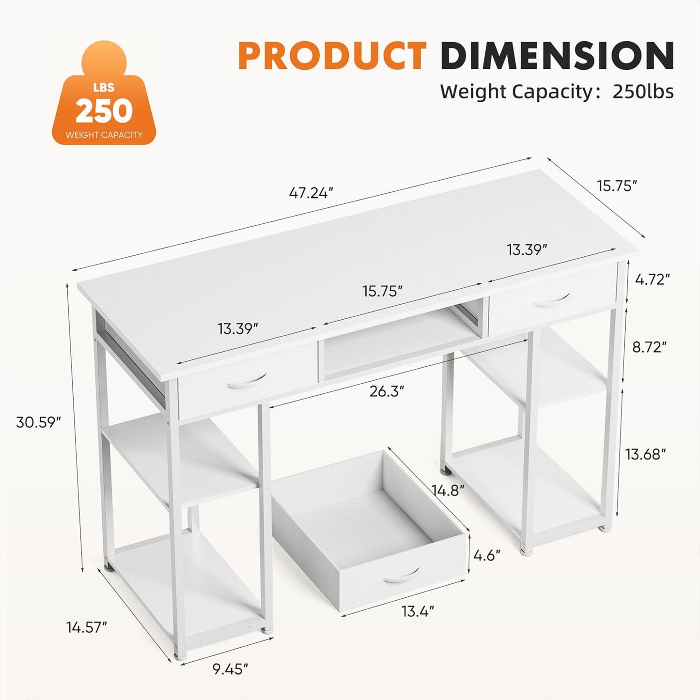 47 Inch Computer Desk with 2 Drawers, Home Office Desk with Wooden Shelves, Study Writing PC Table for Small Spaces, Bedroom, Dorm or Living Room, White