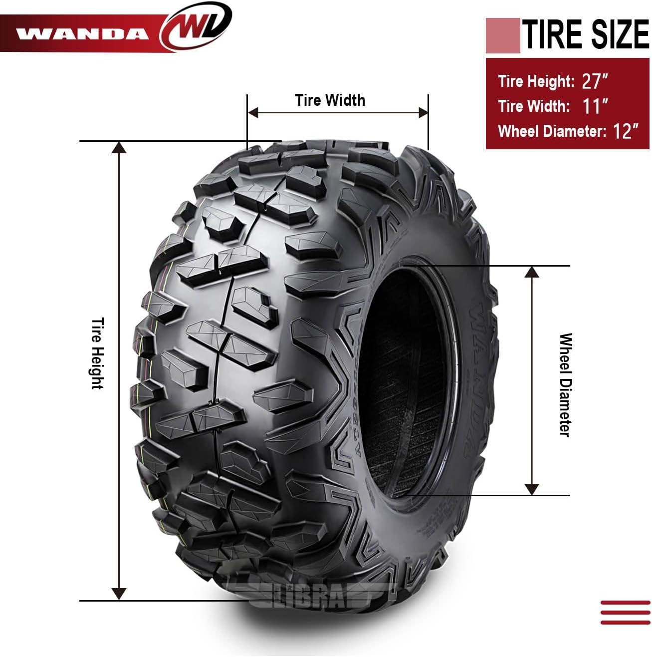 WANDA 2 ATV UTV Rear Tires 27x11-12 for 13-17 Can-Am Maverick 1000R/ 1000X/XC