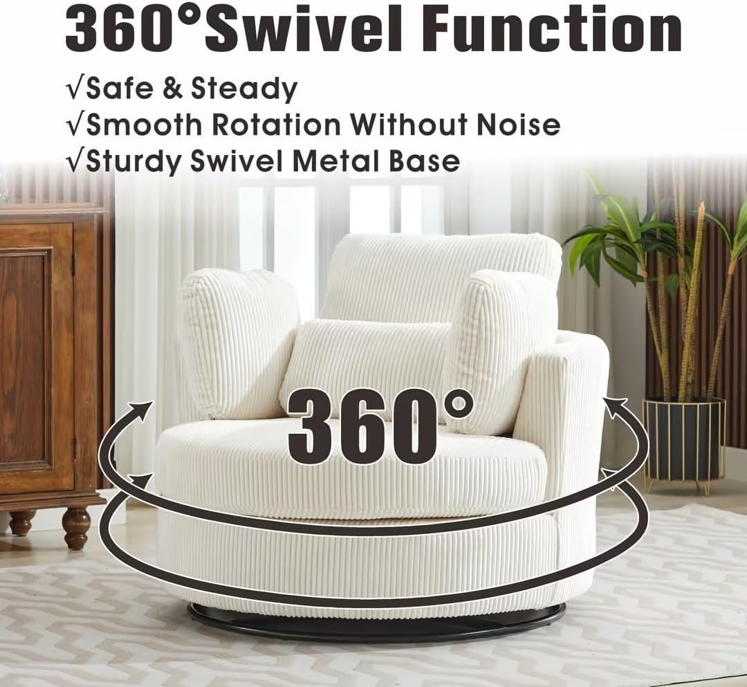 Sinzho & Wiyfun 42" Oversized Swivel Accent Chair Upholstered Striped Corduroy Large Round Barrel Chair with 4 Pillows for Living Room, Ivory