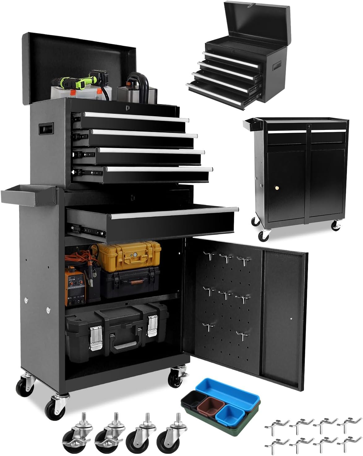 2 in 1 Tool Chest with 8 Drawers, Tool Cart with 7 Organizer Tray Divider Set & Wheels, Large Rolling Tool Box Organizer for Garage, Workshop, Home Crafts