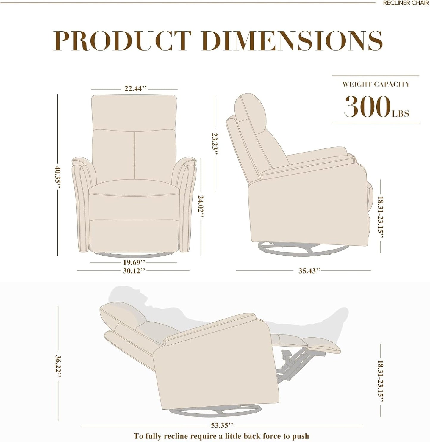 Swivel Rocking Recliner Glider Chair, Upholstered Fabric Reclining Rocker Chair with Footrest for Nursery, Living Room, Bedroom-White