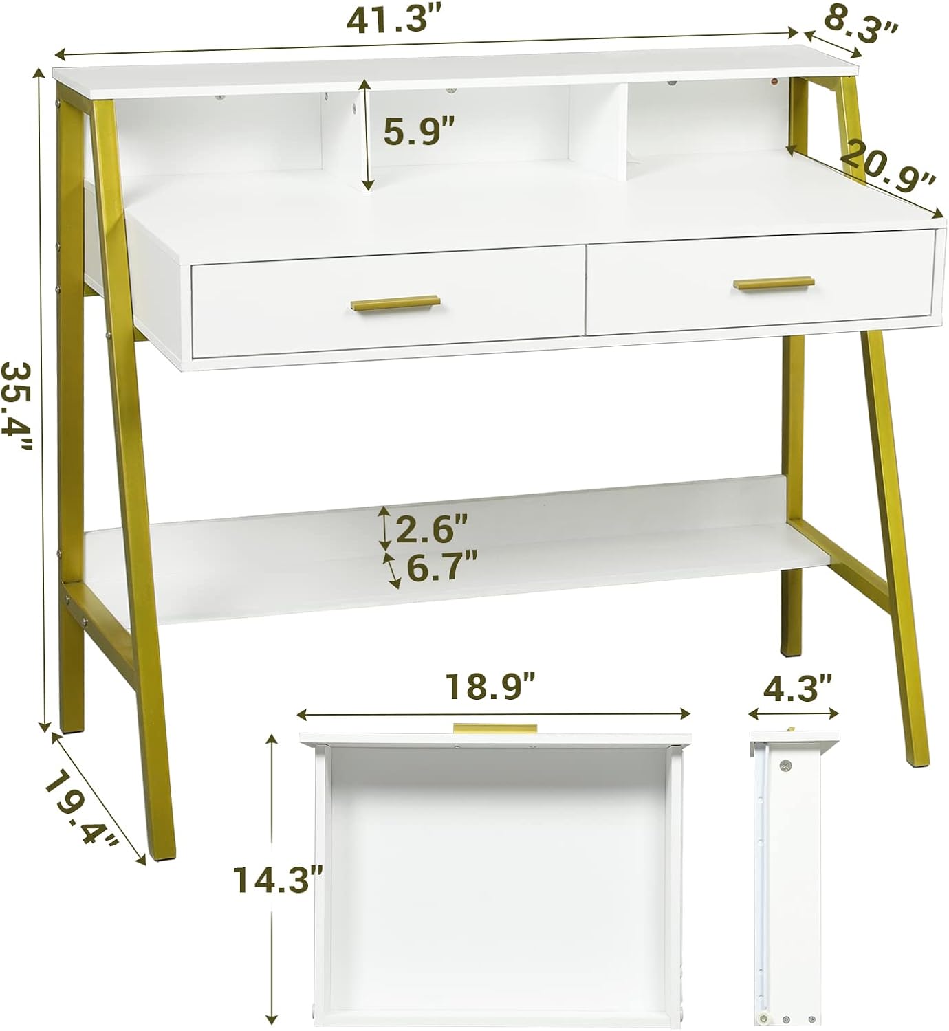 Tiptiper Computer Desk with Drawers, Hutch & Moniter Stand, Home Office Writing Study Desk Workstation Table with Bookshelf, for Work & Study, Small Spaces, White and Gold