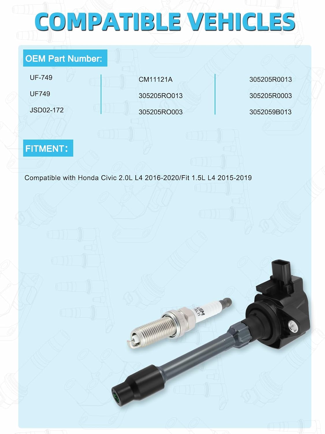 Set of 4 UF749 Ignition Coil Pack & Iridium Spark Plug For Honda Civic 2.0L 2016-2020,For Honda Fit 1.5L 2015-2019,Replace # CM11121A 305205R0013 305205R0003 3052059B013