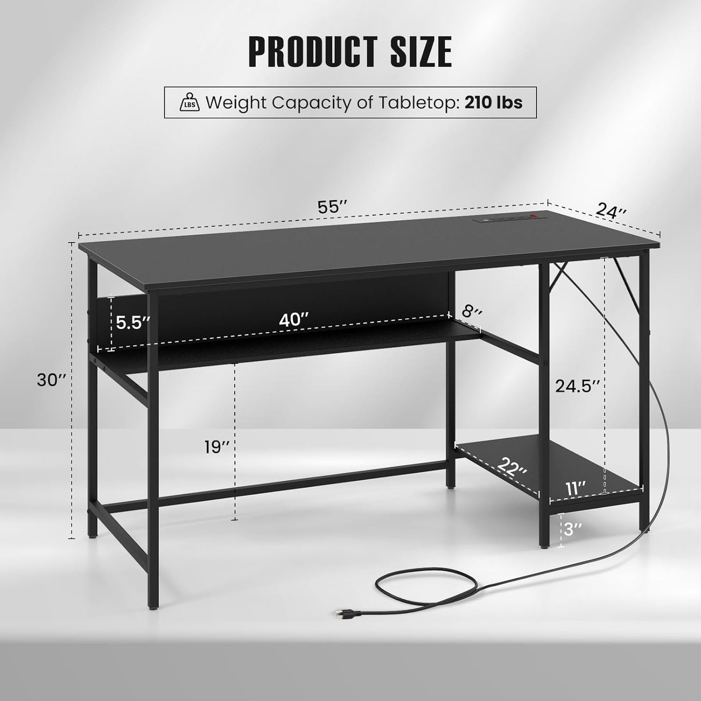 Tangkula 55 Inch Computer Desk with Power Outlets & USB Ports, Home Office Desk with Built in Charging Station with Switch, Computer Workstation Writing Study Desk with Storage Shelf & CPU Stand
