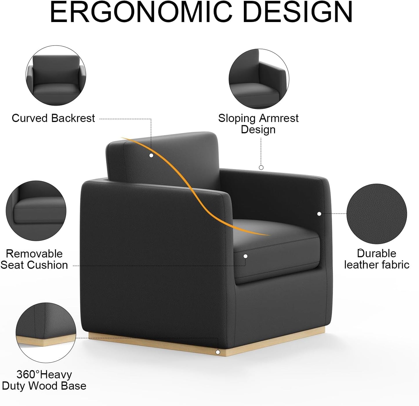 Swivel Barrel Chair, Premium Comfy Round Accent Chair for Living Room, Mid Century Modern Reading Chair for Adults, Armchair for Small Spaces, Bedroom Side Chairs for Home/Office/Leather Black