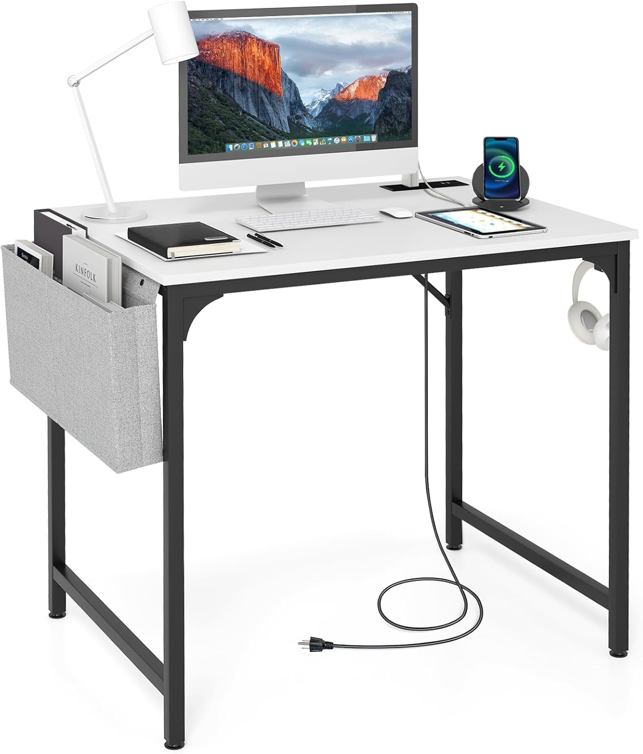 Tangkula 60” Large Computer Desk with Charging Station, Modern Simple Study Writing Desk with Storage Bag, Headphone Hook, Sturdy Metal Frame, Home Office Workstation