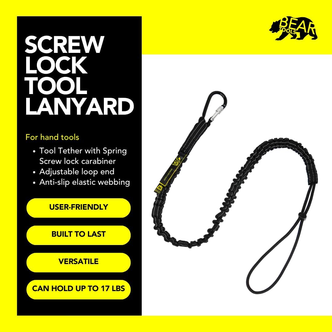 BearTOOLS Tool Lanyard with Single Carabiner and Adjustable Loop End, Standard Length, Maximum Weight Limit 8KG / 17.6lb, Aluminum Screw Lock Carabiner with Shock Cord Stopper, 09250S (50 Pack)