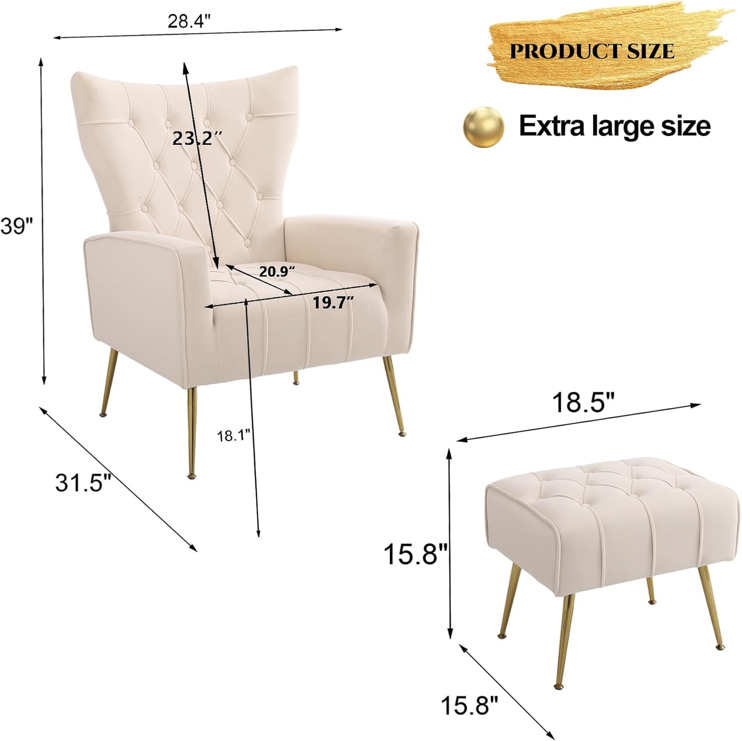 Accent Chair with Ottoman Set of 2, Comfy Chair and Ottoman Set, Upholstered Tufted Lounge Chair with Wide Seat Footrest, Reading Armchair for Living Room Bedroom, Beige,Velvet