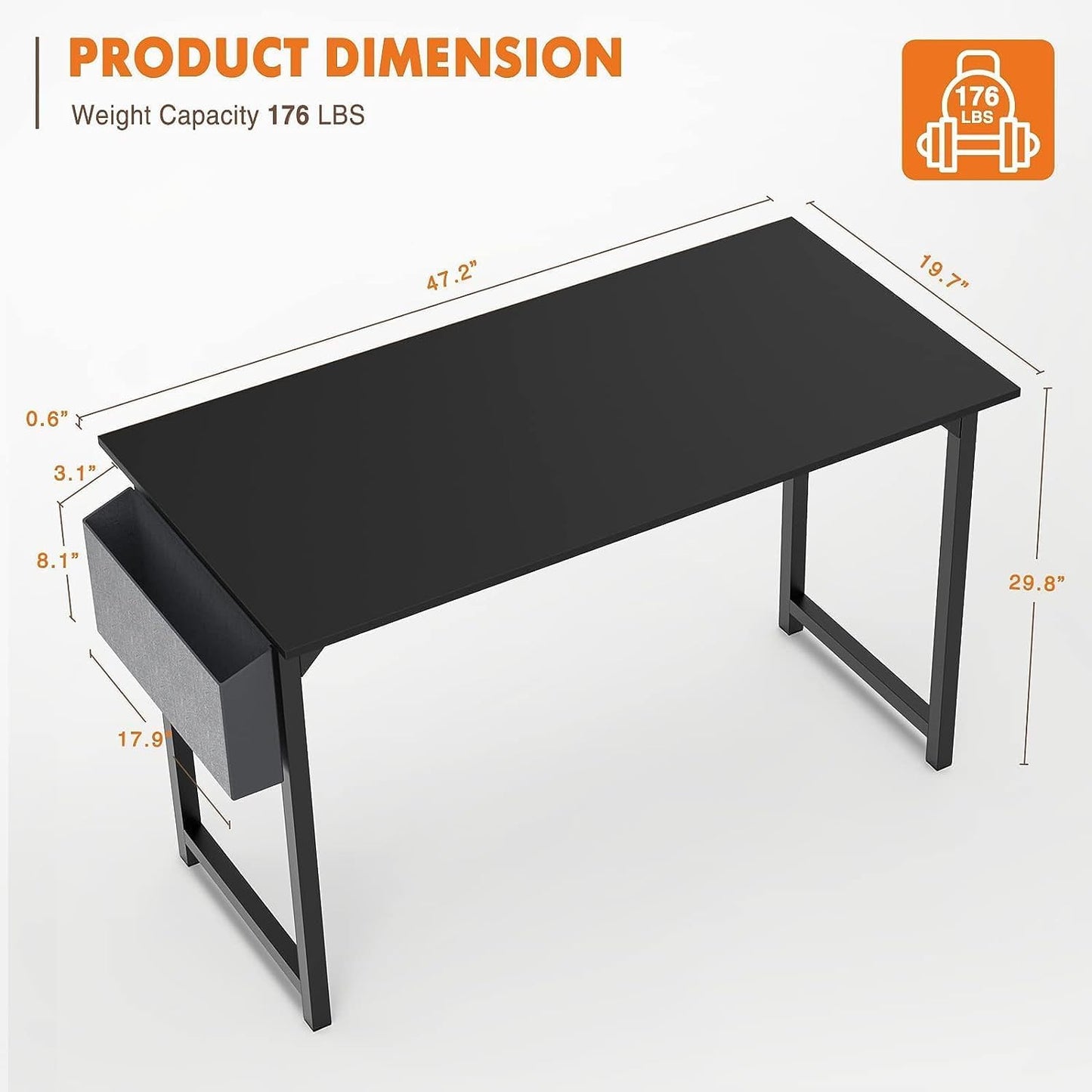 Sweetcrispy Computer Desk - Office 48 Inch Writing Work Student Study Modern Simple Style Wooden Table with Storage Bag & Iron Hook for Home Bedroom - Black