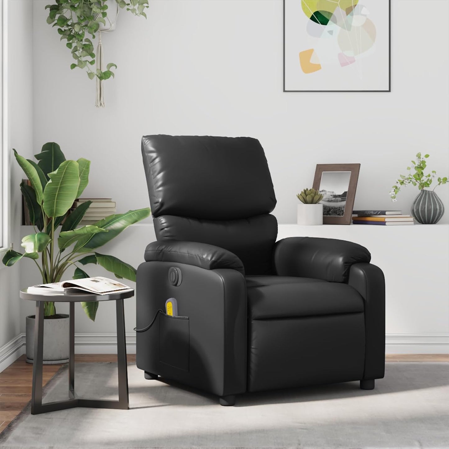 vidaXL Leather Massage Recliner Chair for Living Room, Home Theater, 6-Point Vibration Massage, Adjustable Back & Footrest, Side Pocket, Black