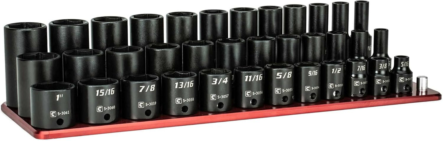 Capri Tools 3/8 in. Drive Shallow, Semi-Deep and Deep Impact Socket Set, Metric, 8 to 22 mm, 45-Piece with Billet Aluminum Socket Rail