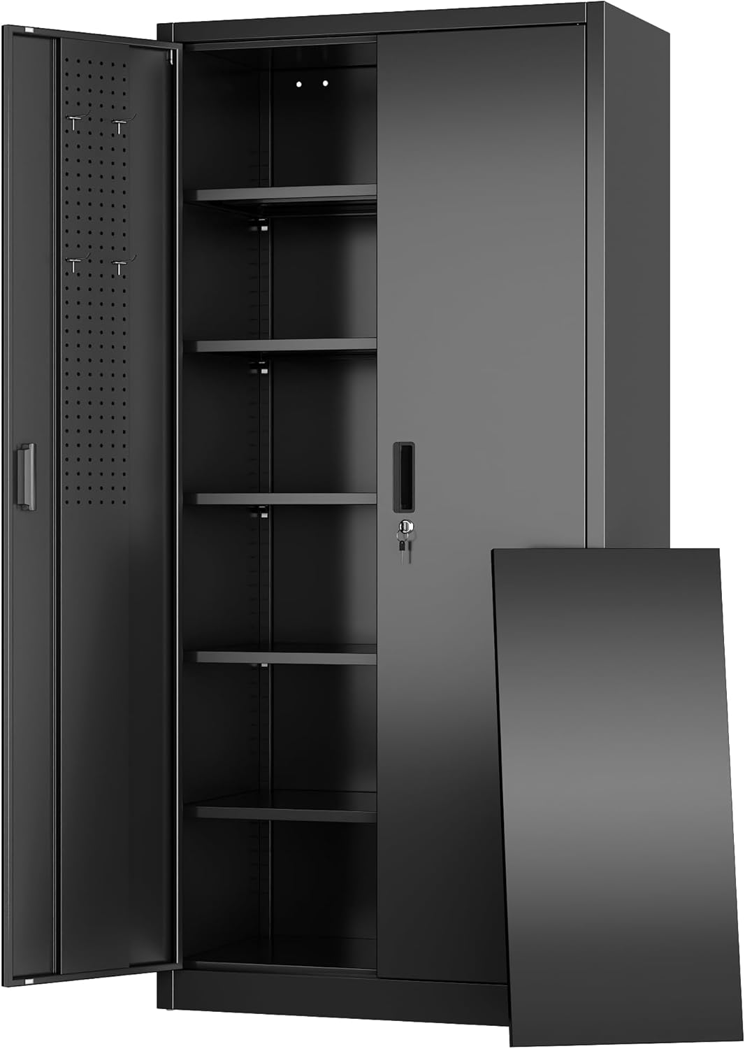 Aobabo Black Metal Cleaning Tool Storage Cabinet with Lockable Door with Keys, 71.41" H×31.53" W×15.74" D, Adjustable Shelves, Pegboard, 13 Hooks, Broom Closet Storage Cabinet for Janitorial Supplies