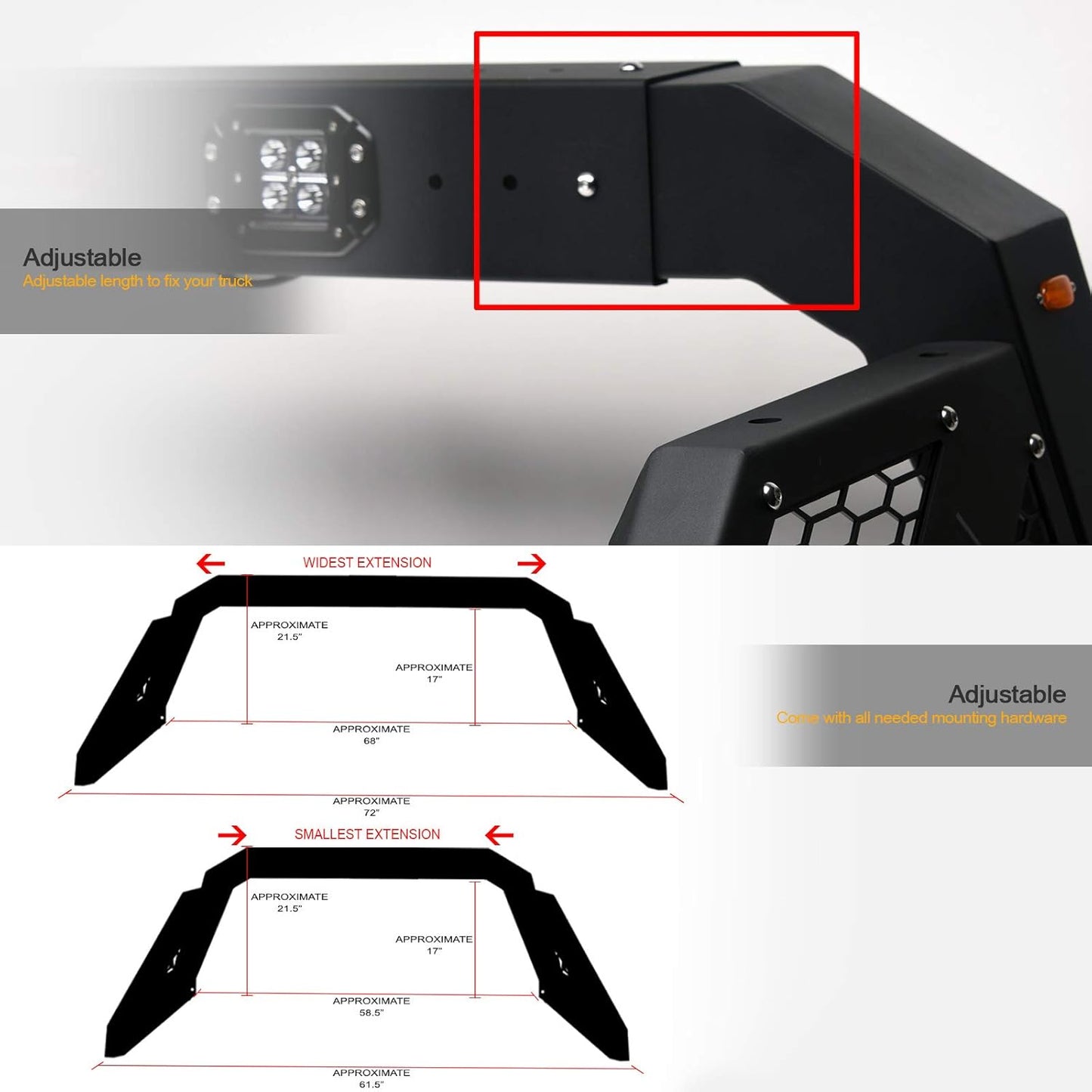642167842477 Universal Adjustable Truck Bed Chase Rack Roll Bar with 3rd Third Brake Light & 2X LED Work Lamps Bars & 6X Amber Side Marker - Matte Black