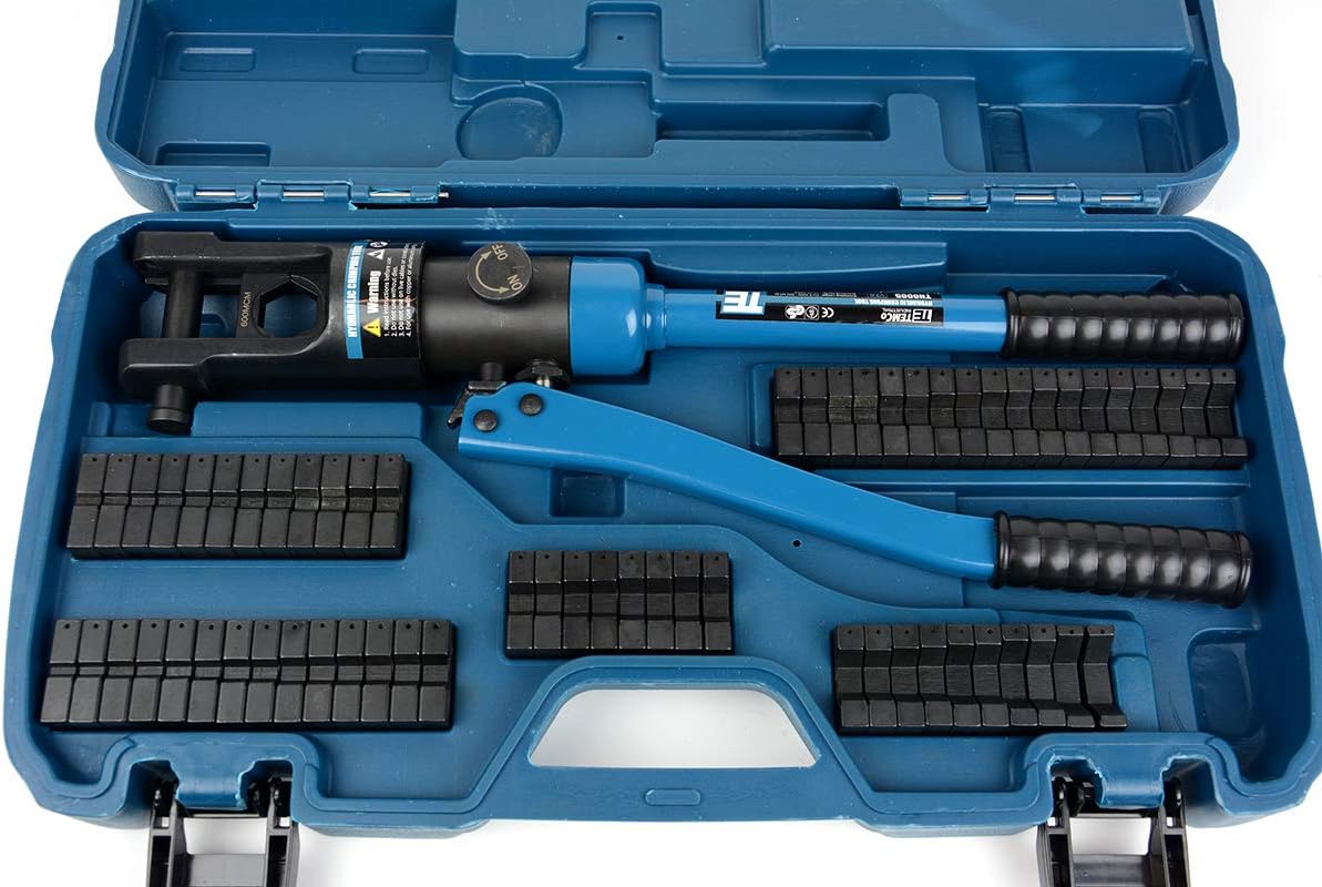 TEMCo Industrial Hydraulic Cable Lug Crimper TH0005 V2.0 (11 US TON) 10 AWG to 600 MCM Electrical Terminal Cable Wire Tool Kit with 32 Die Sets