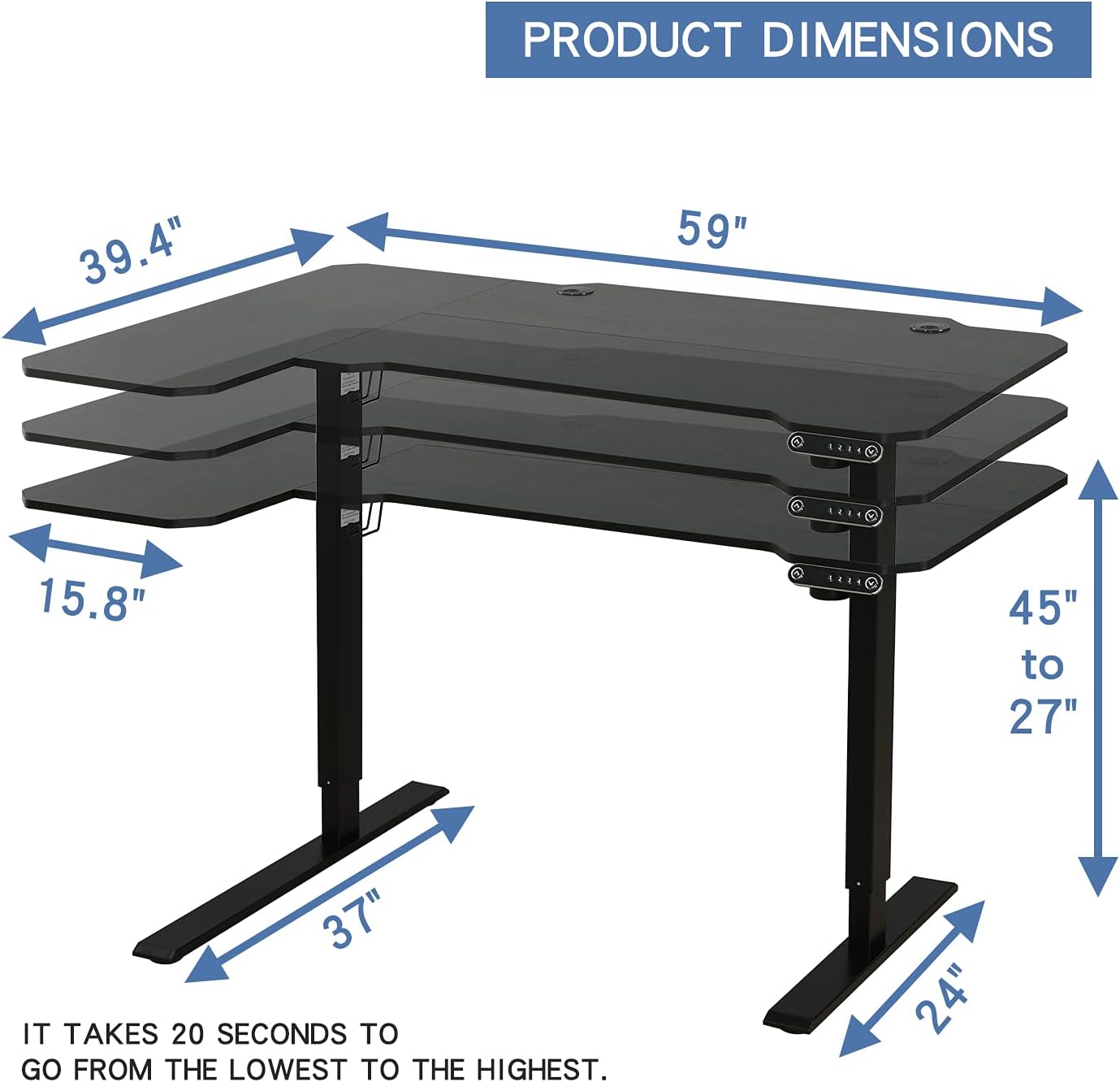 bilbil 59 Inches L-Shaped Electric Height Adjustable Standing Desk, Stand Up Home Office Desk with 4 Memory Preset Options, Double-Beam Construction, Anti-Collision Technology