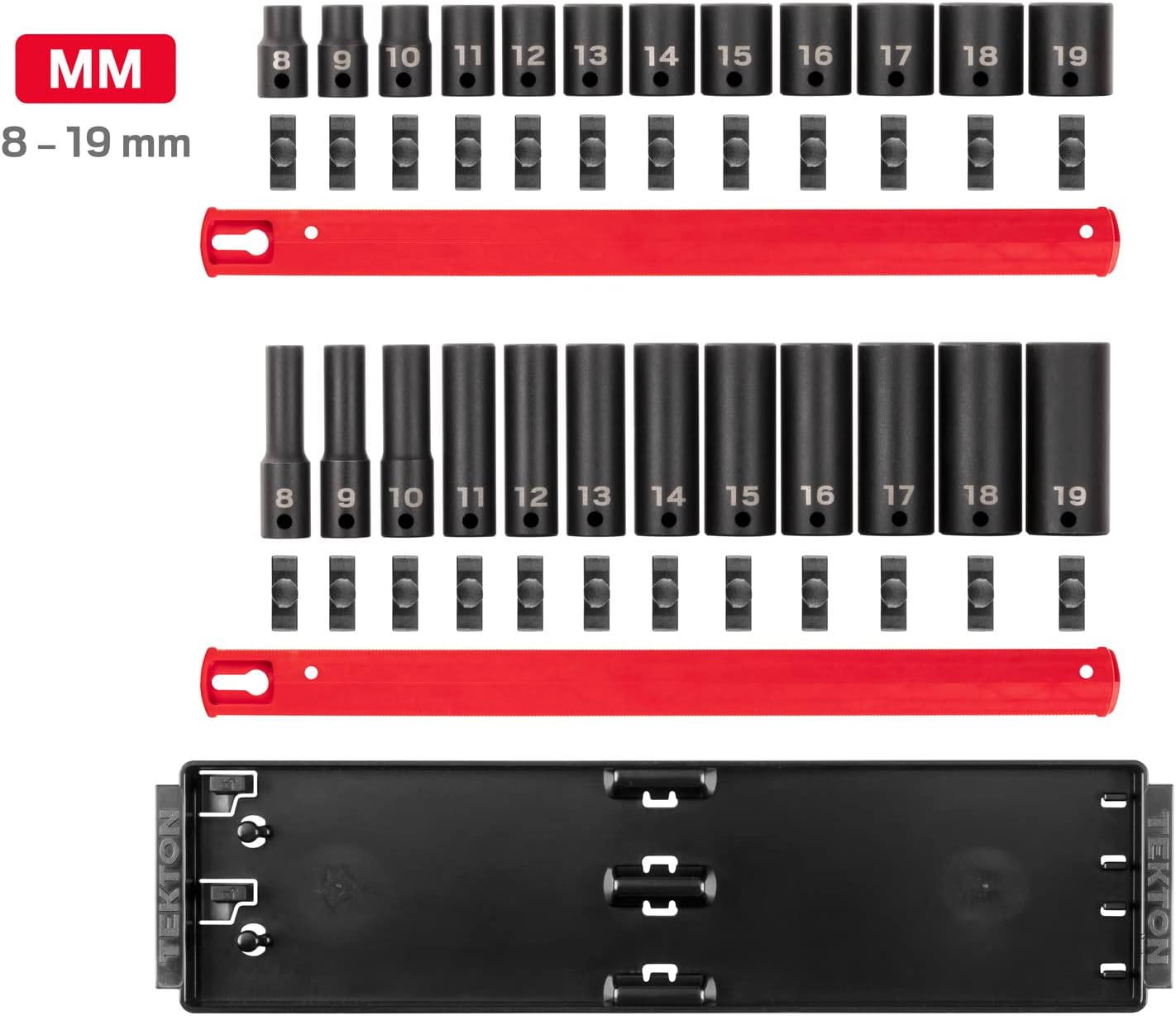 TEKTON 3/8 Inch Drive 12-Point Impact Socket Set with Rails, 68-Piece (1/4-1 in., 6-24 mm) | SID91219