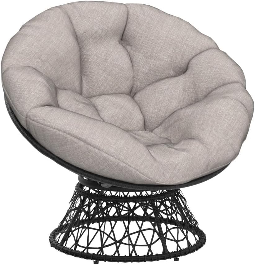 Bme 40" Ergonomic Wicker Papasan Chair with Soft Thick Density Fabric Cushion, High Capacity Steel Frame, 360 Degree Swivel for Living, Bedroom, Reading Room, Lounge, Silver Cloud - Black Base