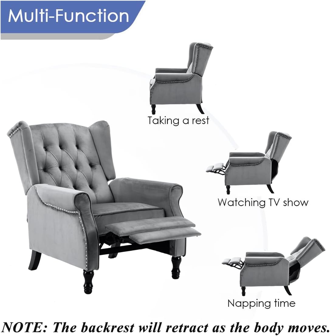 Artechworks Velvet Tufted Push Back Arm Accent Chair Recliner Single Reclining for Adjustable Club Chair Home Padded Seating Living Room Lounge Modern Sofa,Grey