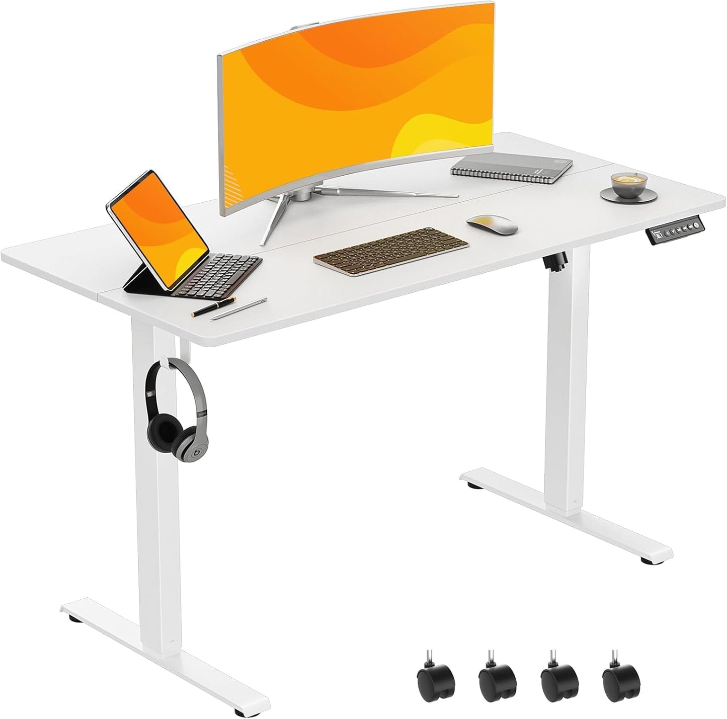 63 x 28 Inch Electric Standing Desk Adjustable Height,Sit Stand Up Desk with Wheels,Home Office,Rising Desk,Computer Workstation, Gaming Work (Spliced Desktop,White)