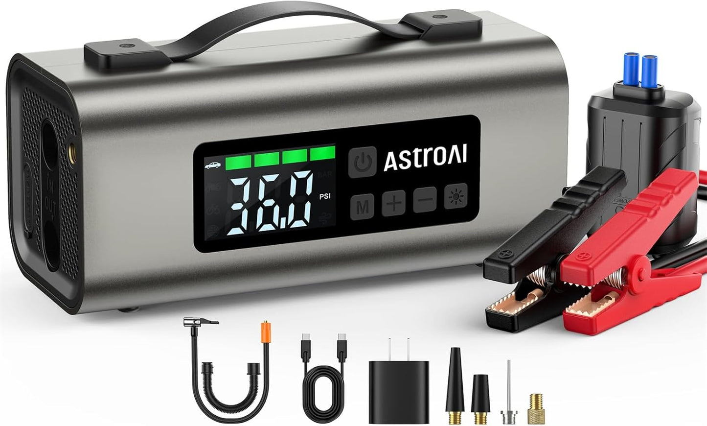 AstroAI Portable Car Jump Starter with Air Compressor, 150PSI 1750A Car Jumper Starter Battery Pack with Cordless Tire Inflator (7.5 Gas/5.0L Diesel), 12V Jump Box, Large LCD Display, Lights(Yellow)