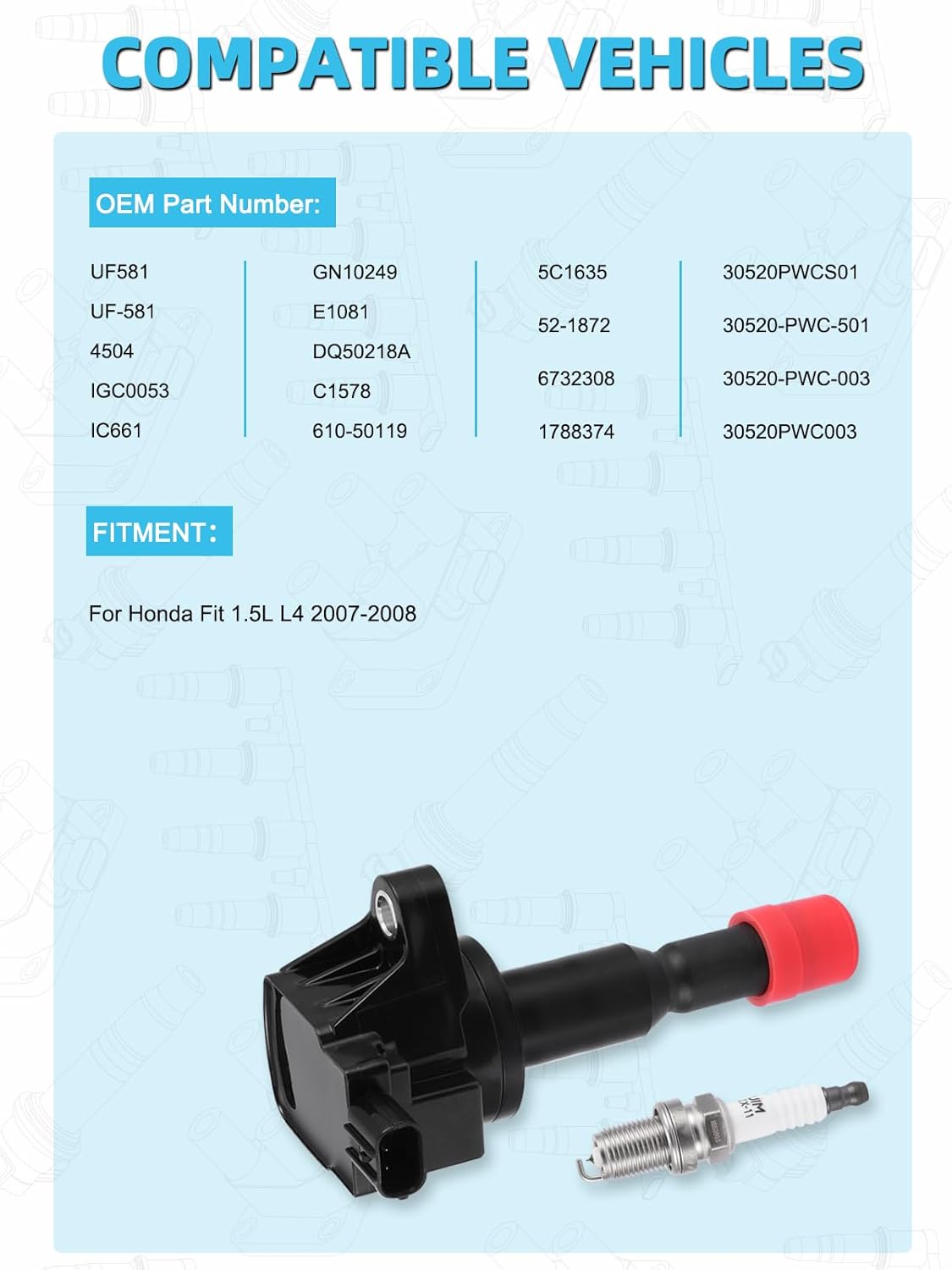 UF581 Ignition Coil & 4504 Iridium Spark Plug 4 PCS (1.5L L4) For Honda Fit 2007 2008, 6732308 IGC0053 GN10249 5C1635 1788374