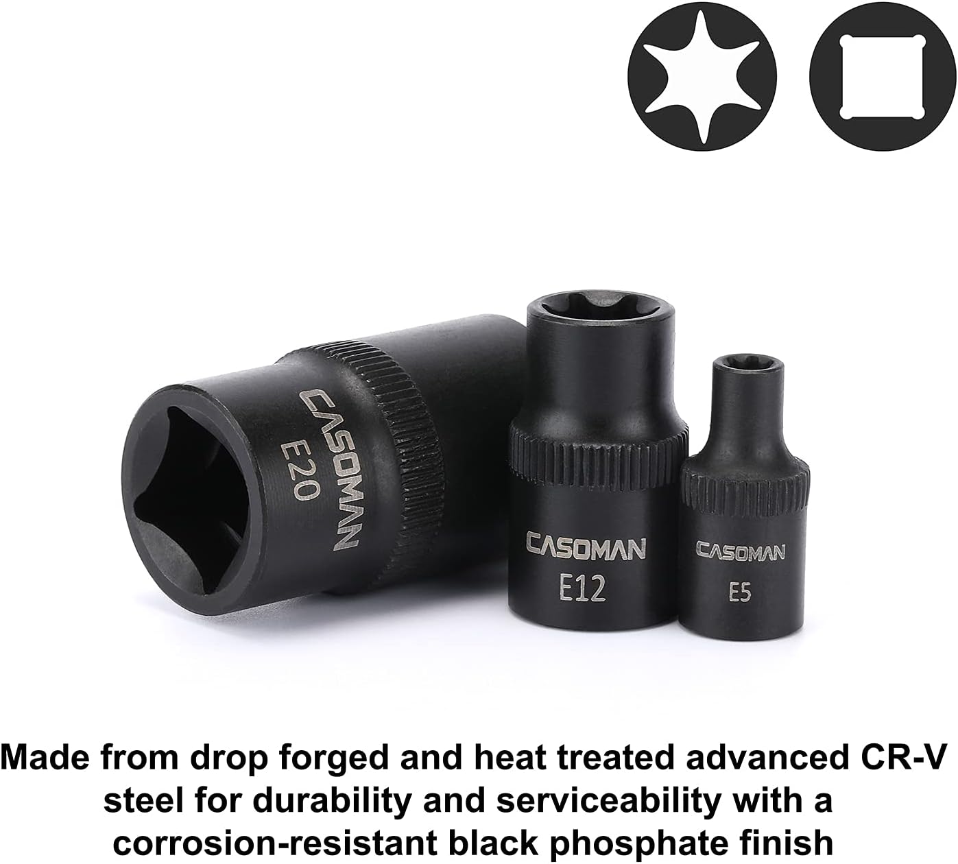 CASOMAN 107 Pieces Bit Socket Set, 1/4", 3/8" and 1/2" Drive, Torx/Tamper Proof Torx/Hex/Ball End Hex, SAE/Metric, S2 Steel Bits