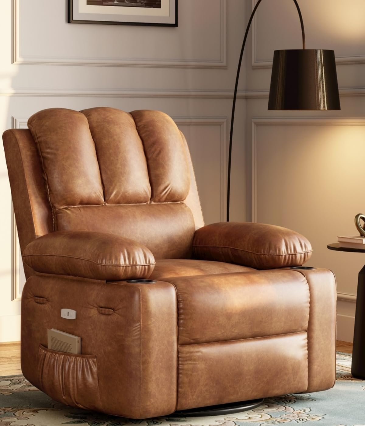 22'' Manual Recliner Chair for Adults, PU Leather Recliner with Cup Holders and Side Pockets, Ergonomic Design for Nursery, Living Room, Bedroom, and Home Theater, Grey