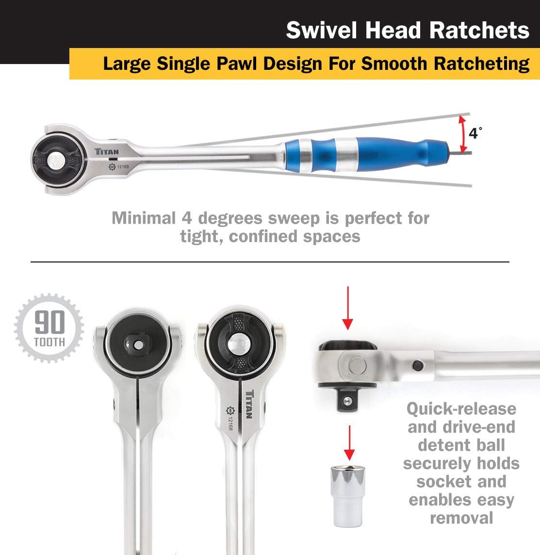 Titan 12175 5-Piece 90-Tooth Swivel Head and Flat Head Ratchet Set
