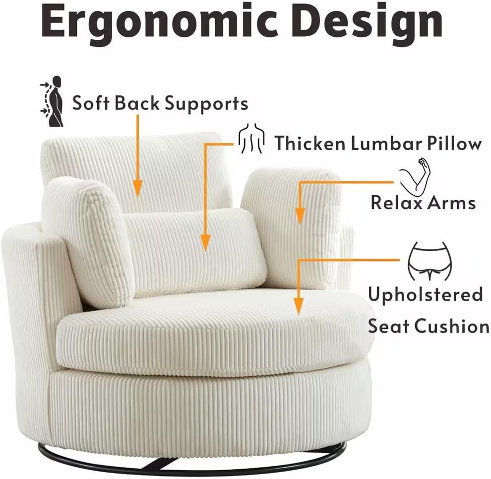 Sinzho & Wiyfun 42" Oversized Swivel Accent Chair Upholstered Striped Corduroy Large Round Barrel Chair with 4 Pillows for Living Room, Ivory