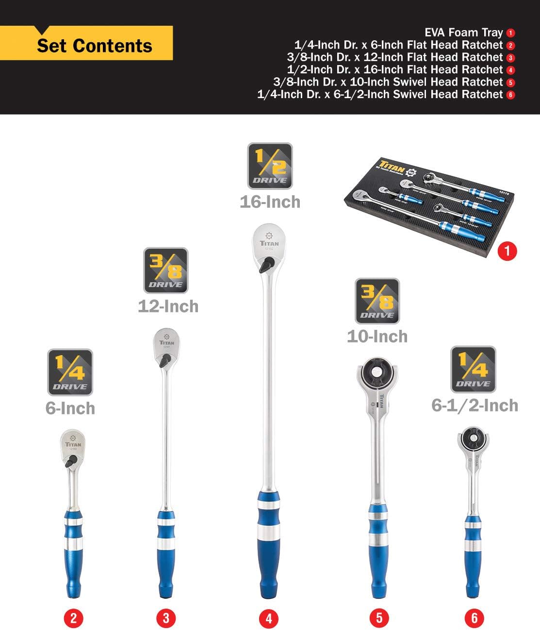 Titan 12175 5-Piece 90-Tooth Swivel Head and Flat Head Ratchet Set