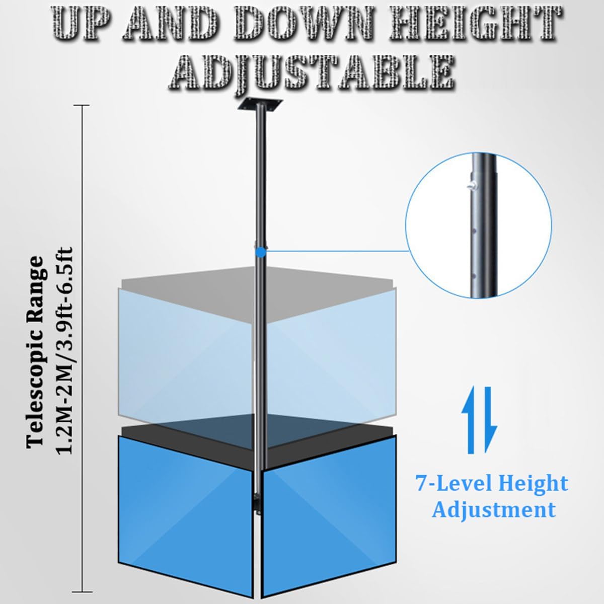 Adjustable Ceiling TV Bracket fits Most 32-75 inch TVs, 3-Sided Ceiling TV Bracket Telescopic Range 1.2-2 Meters, Suitable for Stations, airports, supermarkets