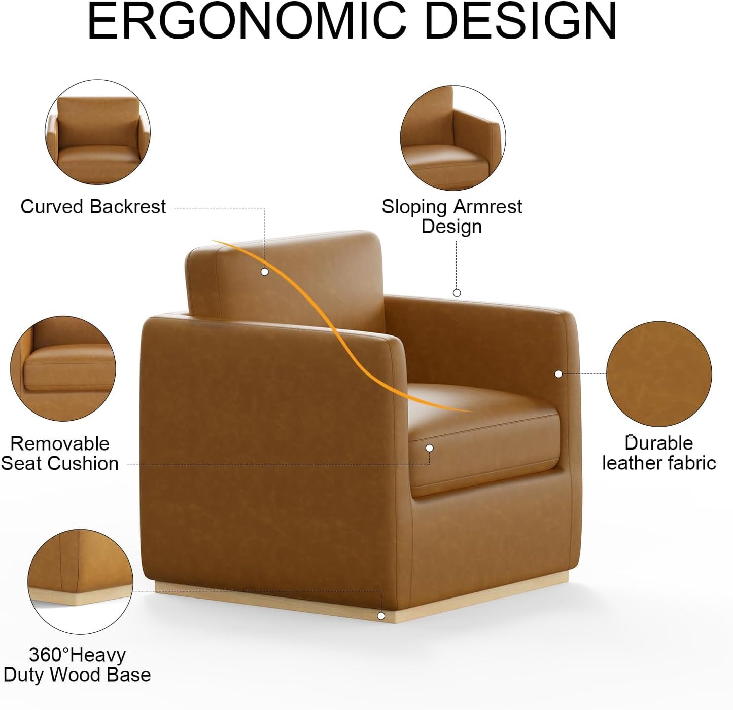 Swivel Accent Chair, Premium Barrel Chair for Living Room, Comfy Single Sofa Chair, Round Swivel Couch Chair, Small Reading Chair for Adults, Accent Bucket Chairs for Bedroom/Club, Leather Brown